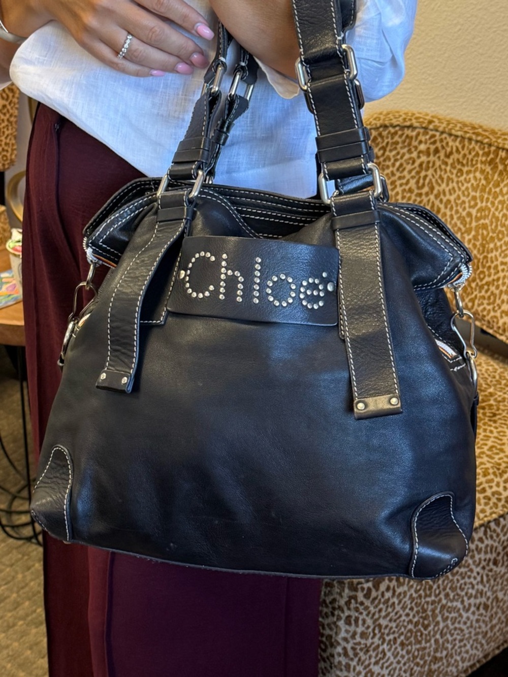 💯Auth! CHLOE Black Leather Studded Nailhead Shoulder Bag Tote w Silver Hardware